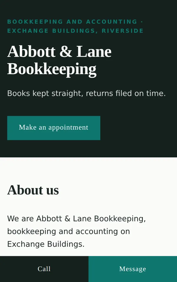 A bookkeeper's one-pager with services and an appointment prompt.