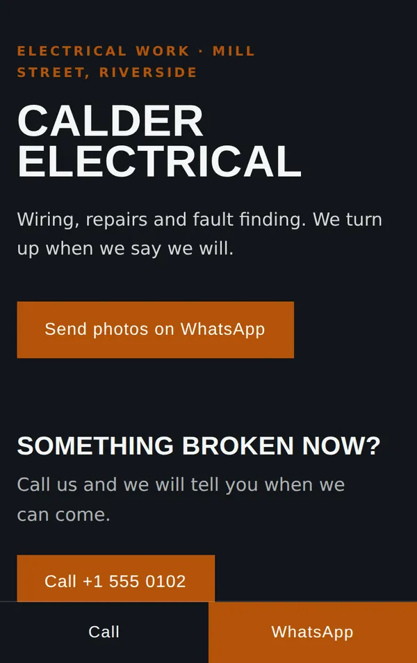 An electrician's one-pager listing services and an urgent call out prompt.