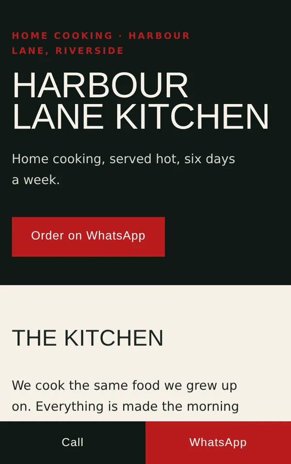 The finished restaurant site: the business name set large in white on deep red, above an order button.