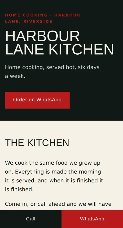A restaurant site built with the kit, shown on a phone.