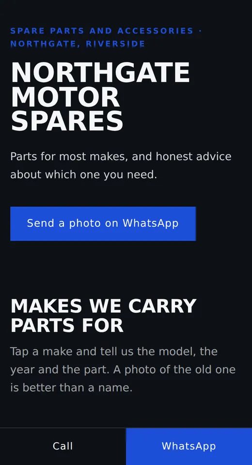 A motor spares site built with the kit, shown on a phone.