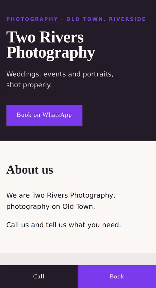 A photographer's site built with the kit, shown on a phone.