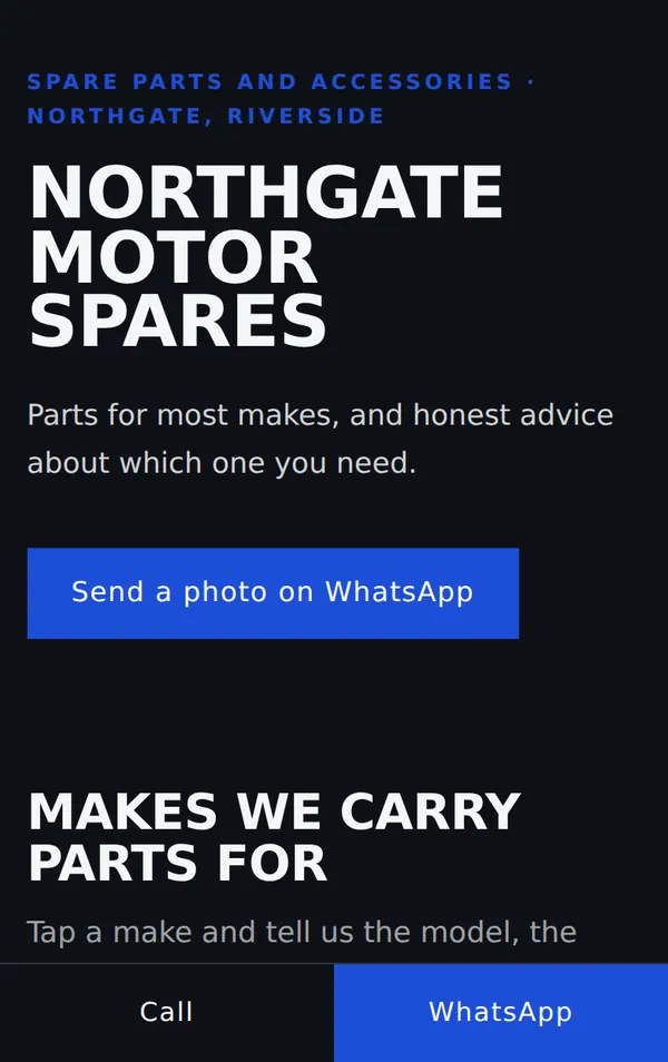 A motor spares one-pager showing the parts grid and a send a photo prompt.