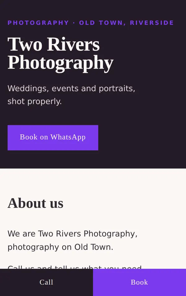 A photographer's one-pager with a service list and booking prompt.